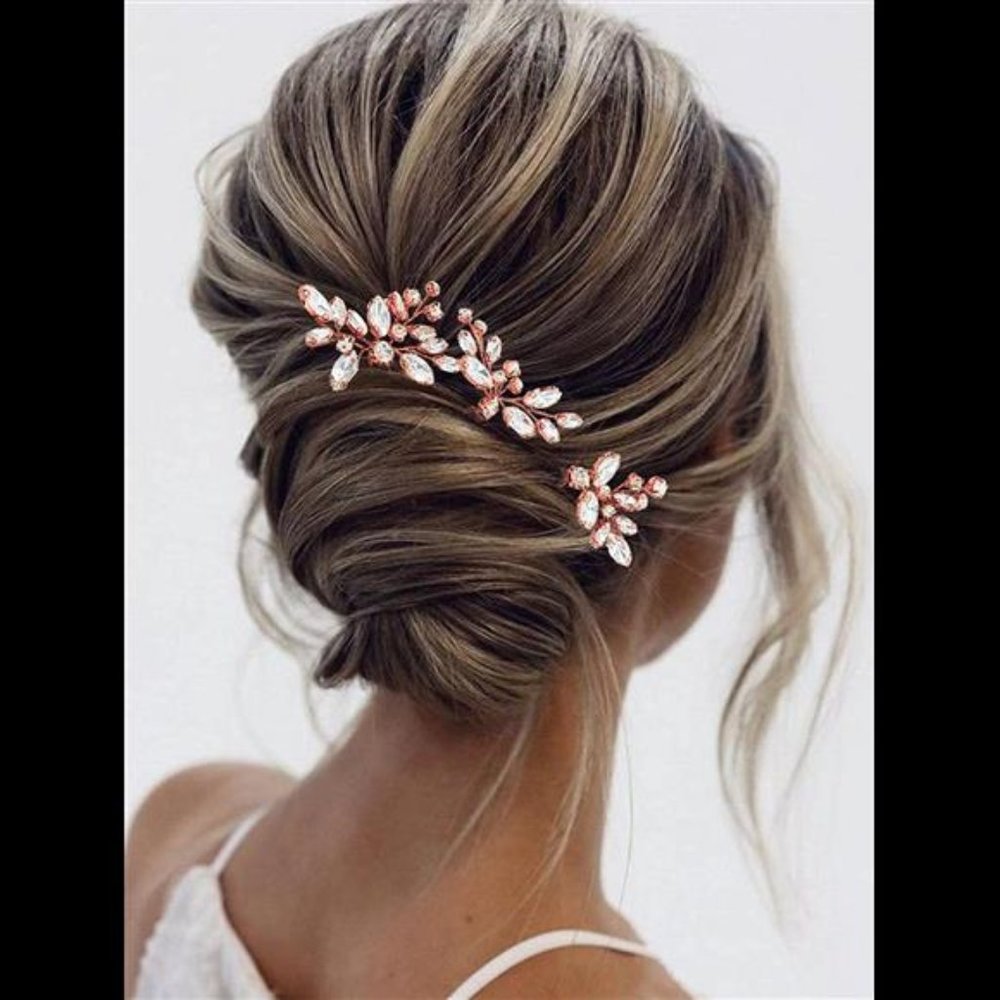 Crystal Bride Wedding Hair Pins Silver Hair Piece Bridal Flower Rose Gold